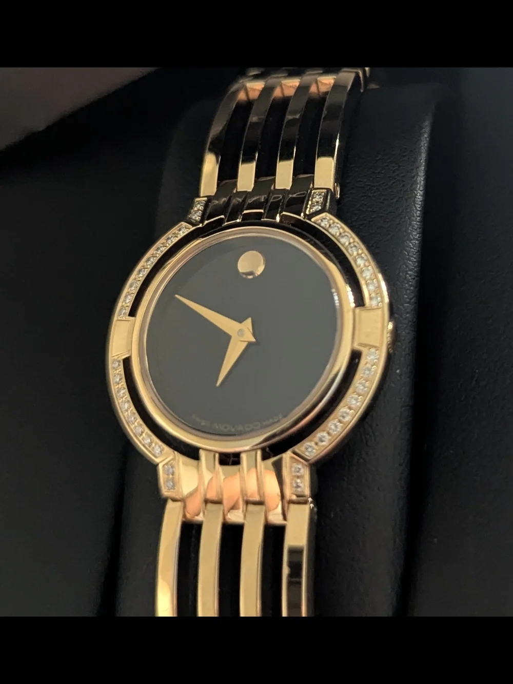 Movado Watch Women’s Gold Black Dial Diamond Bracelet $2795